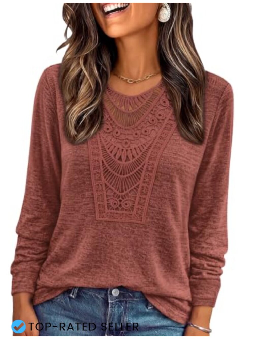 Women's Boho Long Sleeve Blouse V-Neck Lace Peasant Top
